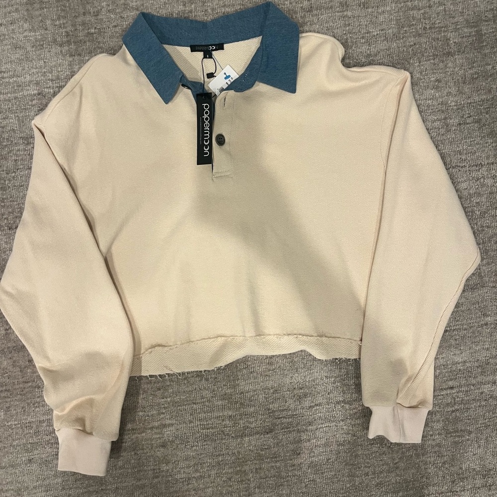 Brand new long sleeve cream shirt with denim collar